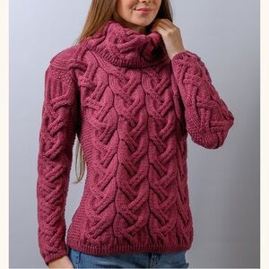 Aran Crafts Women's Cable Knit Turtleneck Sweater - Pink